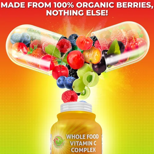Vista 2 de Complejo de vitamina C de alimentos integrales, 1450 mg de bayas orgánicas, 675 mg de vitamina C por porción, antioxidante de alta potencia y apoyo
