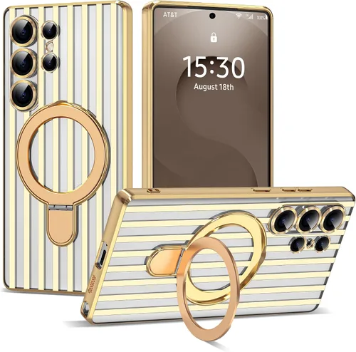 Vista 29 de Funda compatible con Samsung Galaxy S24 Plus con soporte de anillo magnético [compatible con Mag-Safe] protector de lente de cámara chapado Dorado