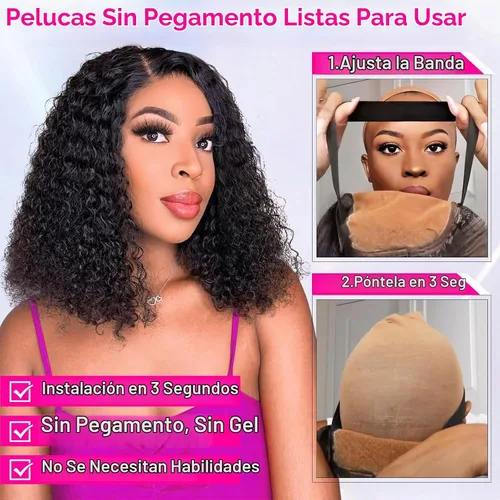 Vista 2 de AISI Cyrly - Peluca de cabello humano estilo Bob de 1800 % de densidad, sin pegamento, con cierre de encaje HD de 5 x 5, pelucas rizadas de cabello