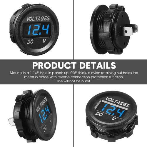 Vista 2 de BBTO 2 Piezas DC 12V Medidor de Voltaje para Auto con Pantalla LED, Voltímetro Digital Impermeable, Panel Redondo Compatible con Vehículo