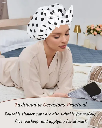 Vista 7 de 2 piezas de gorras de ducha para mujer, gorras de ducha reutilizables impermeables para el cabello con moño ajustable, lujosa gorra de baño para Rosa
