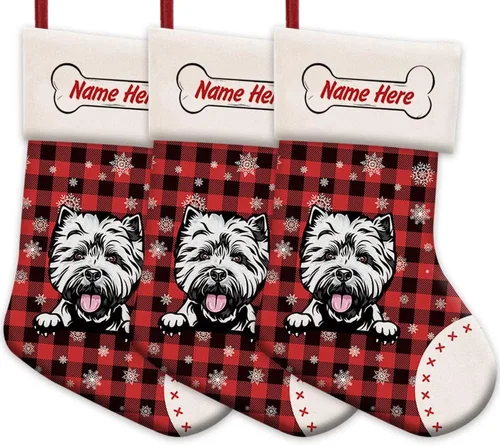 Vista 10 de Foto personalizada, Feliz Navidad, búfalo rojo, a cuadros, feliz perro, calcetín de Navidad, copo de nieve, decoración de vacaciones, calcetín