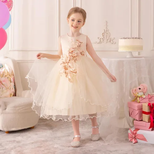 Vista 2 de Vestido formal para niña de flores, vestido formal para fiesta de cumpleaños, boda, bordado floral, vestidos de satén de tul para niños de 2 a 12