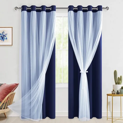 Vista 20 de Hiasan Cortinas opacas con superposición transparente, aislamiento térmico para mezclar y combinar de doble capa, cortinas de oscurecimiento de Beige