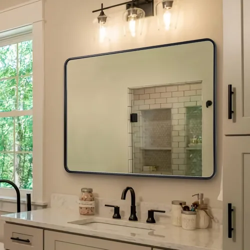 Vista 52 de Espejo de latón para baño, espejo rectangular redondeado de 22x30 pulgadas con marco de metal cepillado dorado, espejo de tocador de baño sin