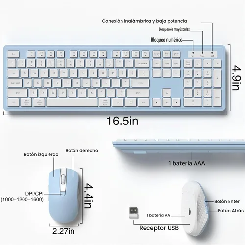 Vista 6 de MPTOG - Combo de teclado y mouse inalámbricos para PC portátil (azul blanco) Teclado de oficina de tamaño completo de 104 teclas con 15 teclas
