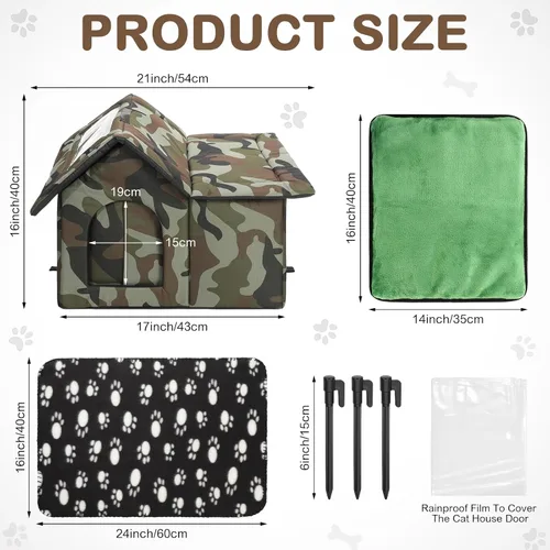 Vista 4 de Dansydaisy 3 Piezas Casa para Gatos de Exterior Impermeable de 21" x 18" con Puerta con Cortina, Almohadilla Autocalentable, Manta, Refugio Grande