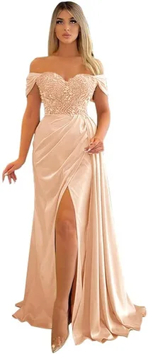 Vista 4 de Vestidos de graduación de sirena con abertura, vestidos de dama de honor con hombros descubiertos, vestidos de fiesta de noche formales para mujer