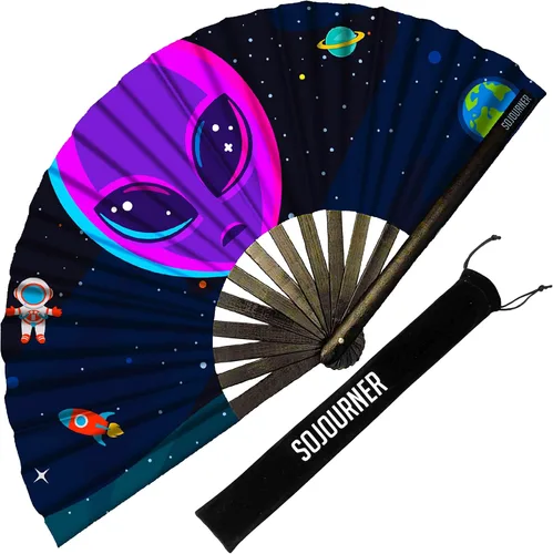 Vista 22 de SoJourner Bags Rave Fan – Abanico plegable grande – Abanico de mano Clack para raves, Halloween, Burlesque, atuendos arcoíris para mujeres