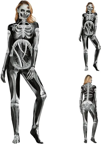 Vista 2 de Disfraces de Halloween para mujer body ajustado de esqueleto de talla grande body de manga larga para adultos traje sexy