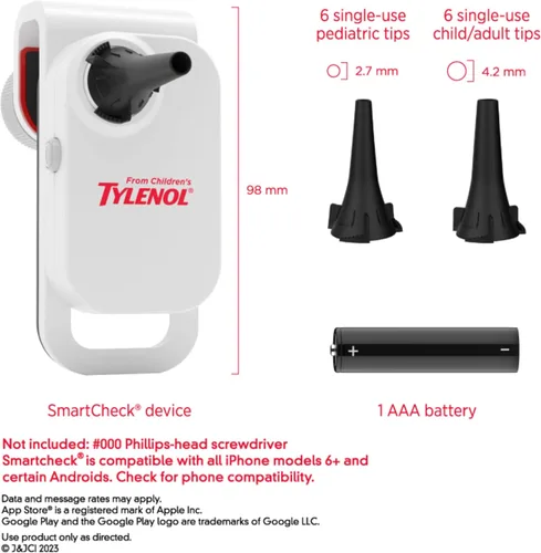 Vista 5 de Tylenol SmartCheck 2.0 Digital Ear Scope para niños de Tylenol, otoscopio con luz para iPhone y Android, cámara auditiva; incluye 1 abrazadera
