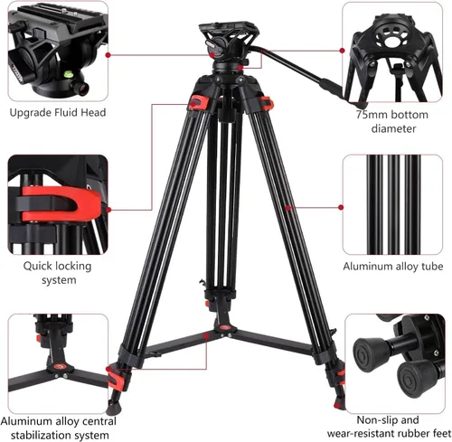 Vista 7 de COMAN Trípode de video de 74.4 pulgadas, trípode de cámara resistente con cabezal fluido y aleación de aluminio, carga máxima de 17.6 lbs/8 kg