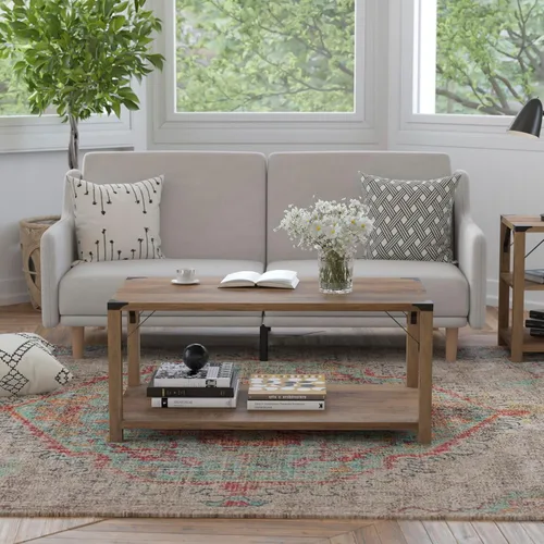 Vista 10 de BizChair Modern Farmhouse - Mesa auxiliar de 2 niveles, marco de madera de ingeniería gris Aspen, soportes laterales entrecruzados de metal negro