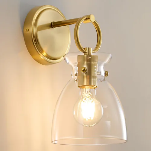 Vista 17 de Aplique de Pared Dorado de 1 Luz Cableado Montaje en Pared Estilo Moderno Rústico Accesorios de Luz de Tocador con Pantalla de Vidrio Transparente