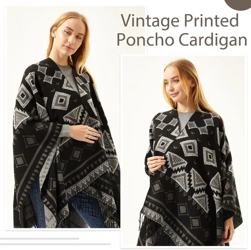 Vista 5 de Hoosige Poncho con borlas y frente abierto para mujer, 51.2 x 61 pulgadas, chal cálido para invierno, cárdigan estampado para mujer, otoño