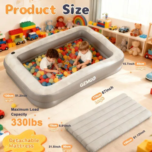 Vista 4 de Cama inflable de viaje portátil de 67 pulgadas para niños con 4 lados de seguridad, colchón de aire ligero para niños con bomba de alta velocidad