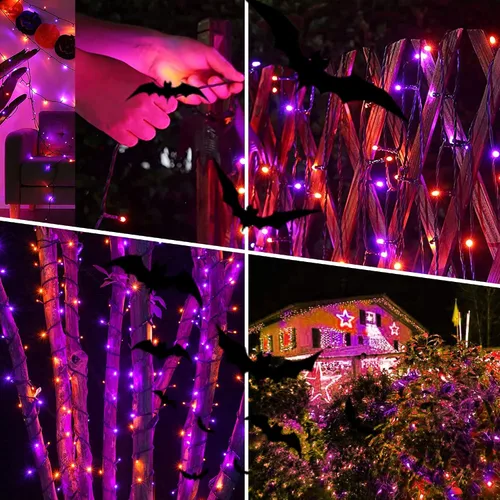 Vista 4 de weillsnow Luces de Halloween Moradas y Naranjas, 200 LED 66 Pies con Enchufe Luces de Cadena de Halloween Impermeables, 8 Modos con Memoria