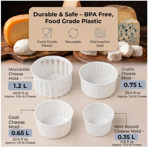 Vista 2 de Juego de moldes para queso, 4 cestas de drenaje de queso surtido para hacer queso casero, capacidad de 11.8-40.6 fl oz, aproximadamente 0.55-2.64