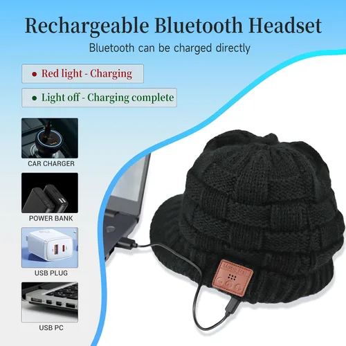 Vista 6 de Gorro Bluetooth para mujer con agujero para cola de caballo, gorro con auriculares integrado, micrófono integrado, regalos para mujer, W2-negro