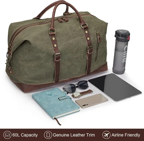 Vista 3 de S-ZONE - Bolsa de viaje de lona sobredimensionada con adornos de cuero genuino, bolsa deportiva de hombro de fin de semana, bolso de fin de semana