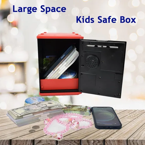 Vista 3 de Caja de ahorro segura para niños con contraseña por huella dactilar, alcancía parlante con diseño de cajero automático para dinero real, juguete