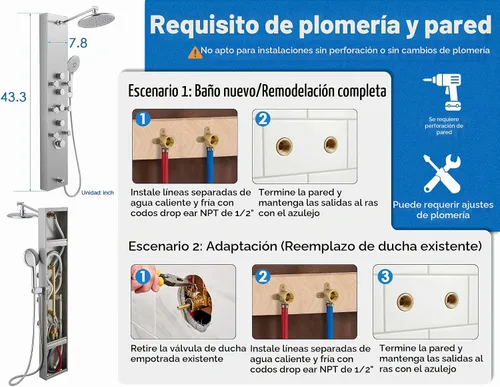 Vista 9 de Sistema de panel de ducha OUGOO - Utiliza 4 funciones simultáneamente: ducha de lluvia, chorros corporales, boquilla de mano y bañera, columna
