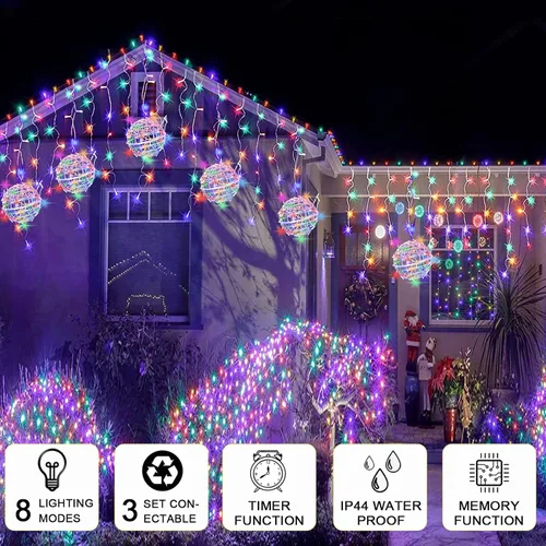 Vista 2 de Luces de Bolas de Navidad para Exteriores, Luces de Árbol Impermeables, Paquete de 4 Luces LED Colgantes de Globo Esfera de 7.87" con 8 Modos