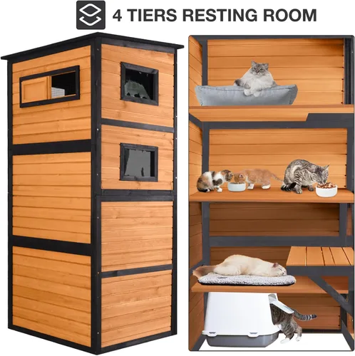 Vista 2 de Catio - Recinto para gatos al aire libre para múltiples gatos, resistente a la intemperie, casa grande para gatos con 4 niveles, 3 salas