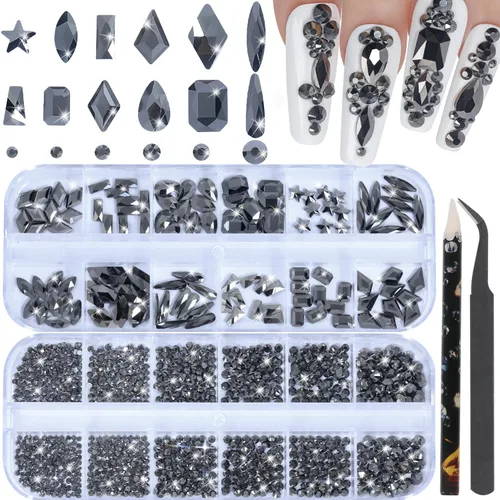 Vista 15 de Diamantes de imitación para uñas, tamaño 3D multiforma, gemas y dijes de cristal AB para uñas, parte trasera plana, con kit para arte de uñas