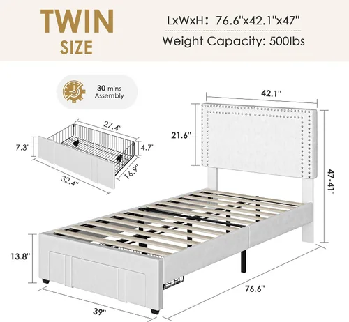 Vista 107 de VECELO Base de cama de plataforma de tamaño individual con cabecera tapizada de altura ajustable, base de colchón moderna, soporte de listones