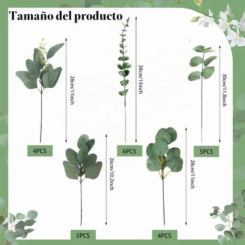 Vista 2 de Ceenna 30 piezas de hojas de eucalipto mixtas de 6 tipos de tallo a granel vegetación artificial Paquete de eucalipto de dólar plateado falso