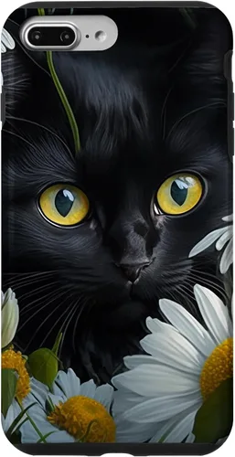 Vista 12 de iPhone 16 Black Cat with Daisies – Enchanting Floral Design Case
