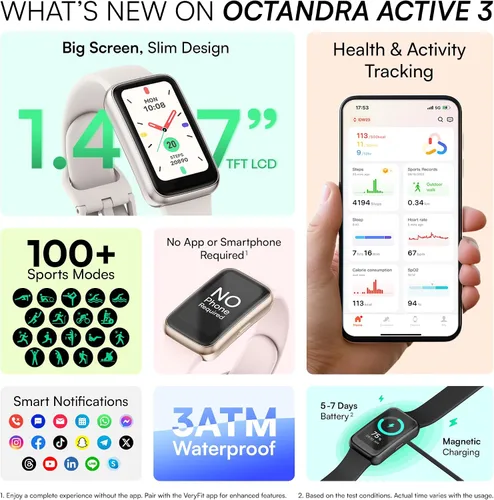 Vista 2 de Active 3 Veryfit Fitness Tracker Smart Watch No necesita aplicación o Rosa rubor