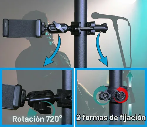Vista 2 de Soporte de teléfono para micrófono Abrazadera de soporte para micrófono de música, soporte para teléfono inteligente, múltiples ángulos giratorios