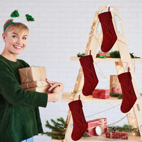 Vista 4 de paquete de 6 calcetines navideños de punto color vino, 18 pulgadas, Estilo2