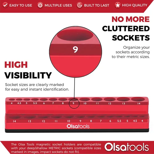 Vista 2 de Olsa Tools - Organizador magnético de llaves de vaso Con accionamiento de 1/4 pulgada Métrico Rojo Con capacidad para 26 llaves de vaso