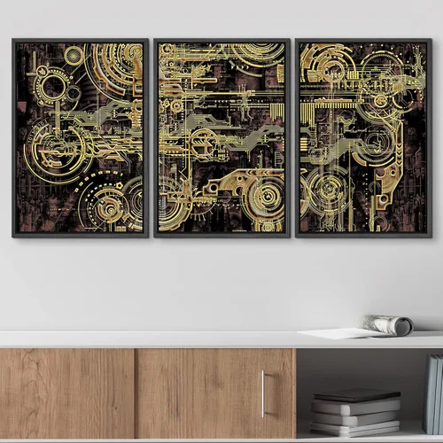 Vista 3 de wall26 Lienzo enmarcado para pared, juego de arte futurista amarillo de ciencia ficción y fantasía con ruedas de tren, ilustraciones