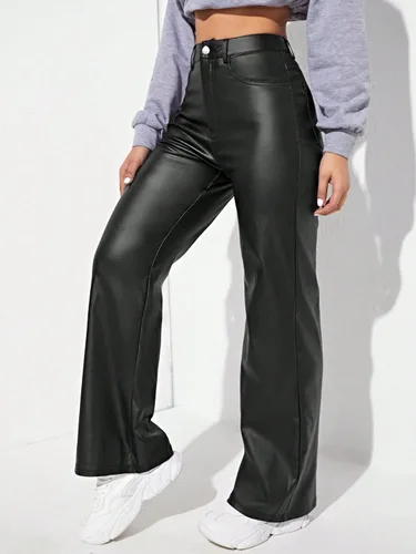 Vista 4 de MakeMeChic Pantalones de mezclilla elásticos de cintura alta y pierna recta para mujer