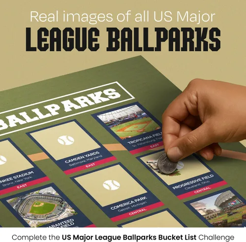 Vista 2 de Cartel con estadios de béisbol profesional para rascar enmarcado - Rastrea tu viaje de béisbol - Decoración de béisbol - Mapa para rascar de estadio
