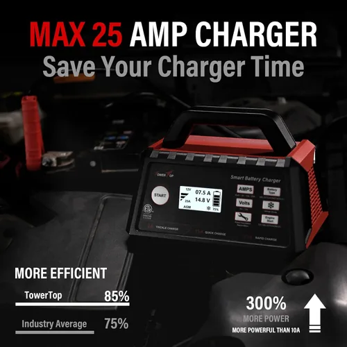 Vista 2 de TowerTop Cargador de batería de coche de 2/15/25 amperios, mantenedor de batería inteligente completamente automático de 6 V/12 V con arranque