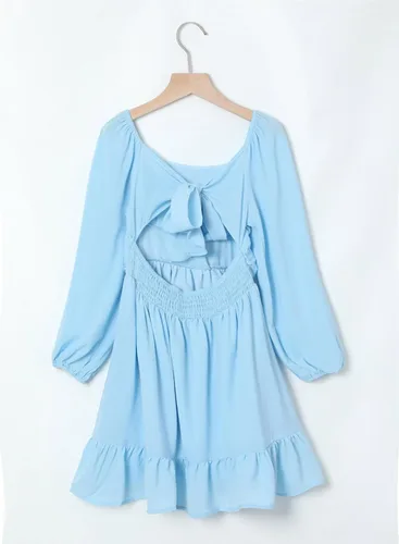Vista 8 de blibean Vestido de manga larga con lazo en la espalda para niñas, vestido de otoño con hombros descubiertos, talla 6-15 años