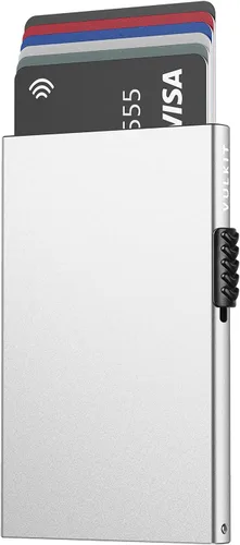 Vista 8 de Cartera de tarjetas de crédito minimalista VULKIT con protección RFID, cartera de metal delgada con tarjetero emergente, Azul, Minimalista