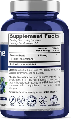 Vista 2 de NusaPure Pterostilbeno 150mg 180 cápsulas vegetales (sin OMG y sin gluten)