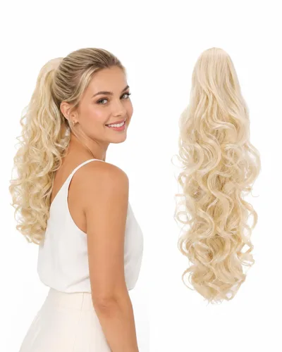Vista 15 de Prettyshop - Extensión de cola de caballo de 24 pulgadas con clip, larga, voluminosa, ondulada, resistente al calor, color negro H63 Negro # 1 H63