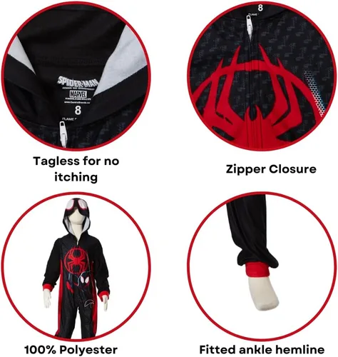Vista 3 de Marvel Pijama de Spiderman para niños, disfraz de Spiderman con capucha de Miles Morales o para dormir con cremallera frontal, tallas 4-10