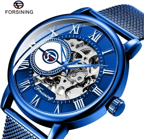 Vista 2 de Dentily Reloj de esqueleto para hombre clásico con número romano Steampunk Reloj mecánico Relojes de viento para hombre (azul)