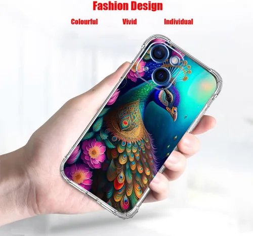 Vista 2 de Funda para iPhone 14, colorido mandala pavo real, flores, protección contra caídas, a prueba de golpes, carcasa protectora de cuerpo completo