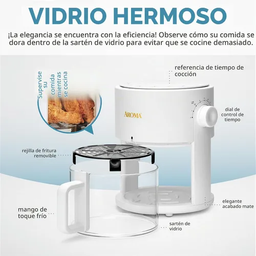 Vista 4 de AROMA® Freidora de aire de vidrio y horno de convección de encimera con potente tecnología 360Crispy™ (3 cuartos), blanco