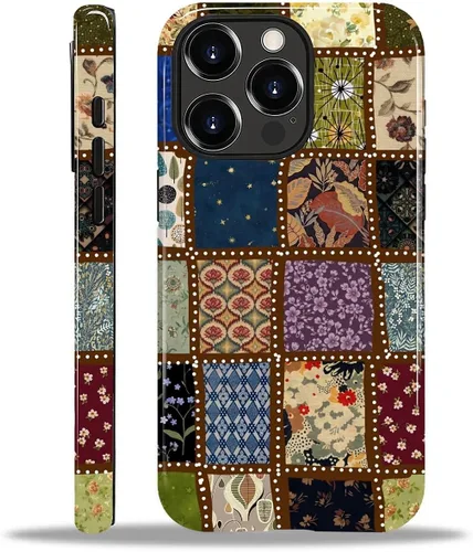 Vista 173 de Funda para iPhone 11, resistente híbrida 2 en 1, protección completa contra golpes con acabado brillante, diseño de collage de tela a cuadros