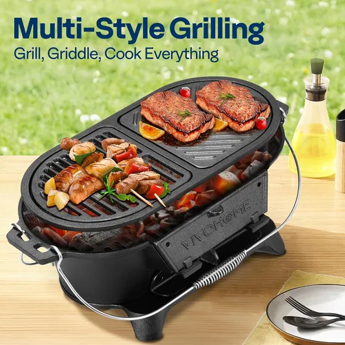 Vista 2 de VIVOHOME Parrilla ovalada de hierro fundido con rejillas intercambiables y plancha, 2 puertas de horno para control de calor, incluye guantes, póker